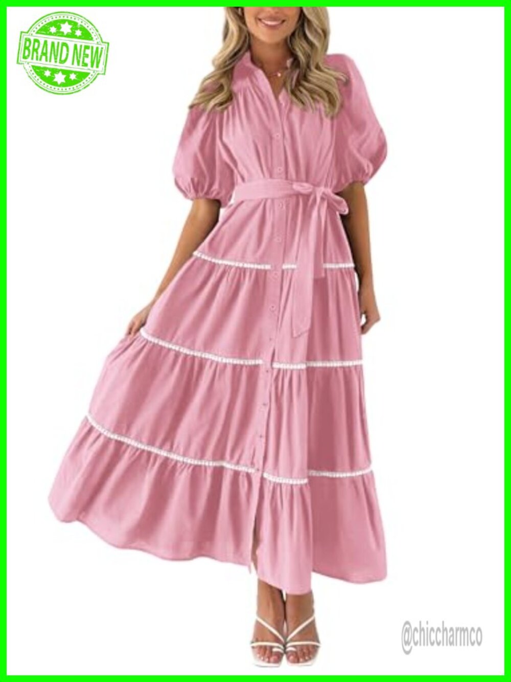 Women's Summer Tiered Maxi Shirt Dress V-Neck Button Down Pockets